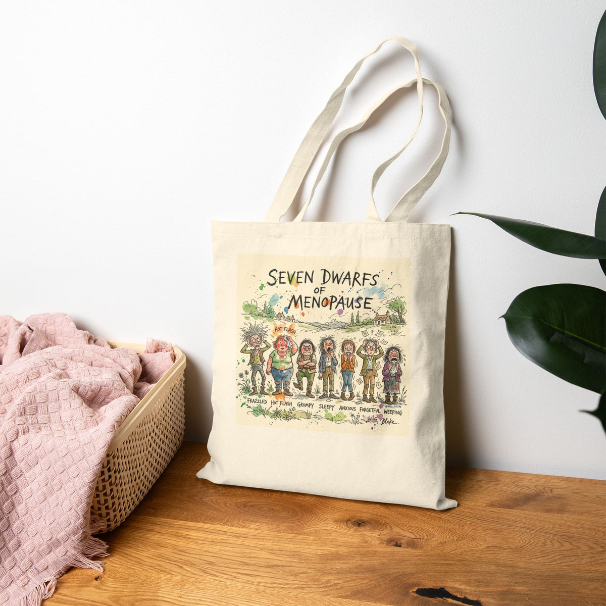 Seven Dwarfs of Menopause Canvas Tote Bag — Funny Illustrated Gift for Moms & Women