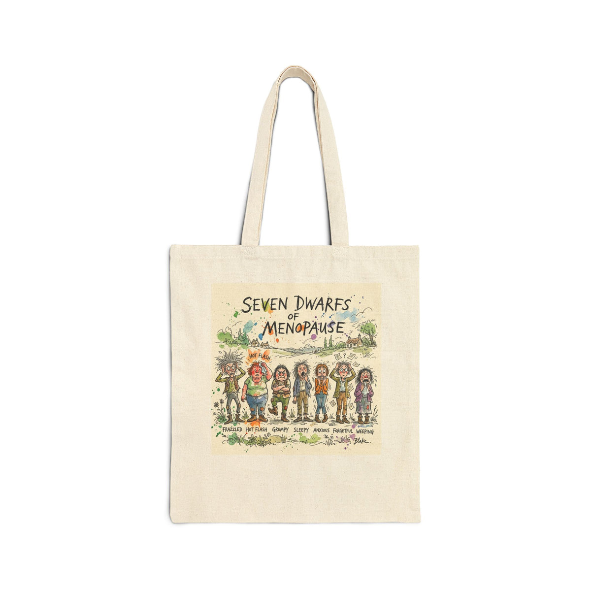 Seven Dwarfs of Menopause Canvas Tote Bag — Funny Illustrated Gift for Moms & Women