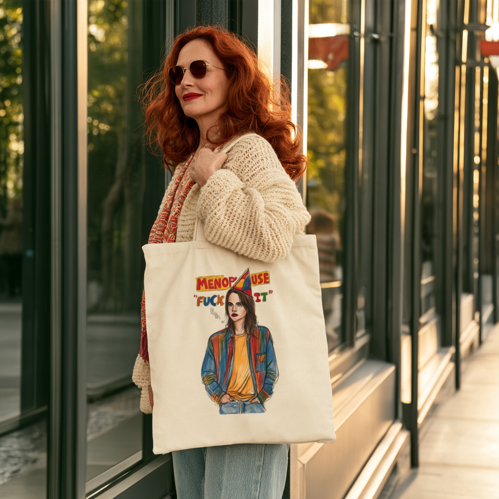 Menopause 'F--k It' Retro Portrait Canvas Tote Bag — Funny Feminine Empowerment Market Bag
