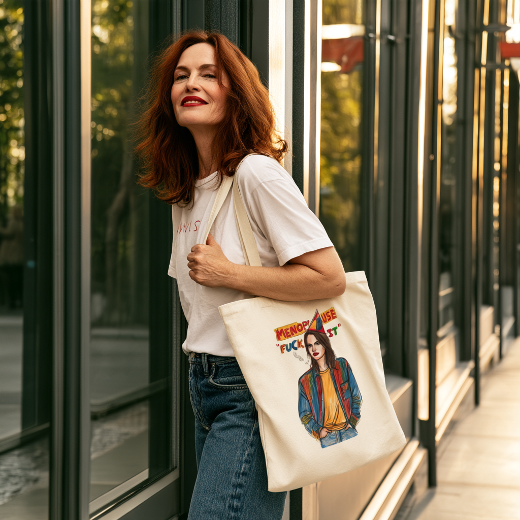 Menopause 'F--k It' Retro Portrait Canvas Tote Bag — Funny Feminine Empowerment Market Bag