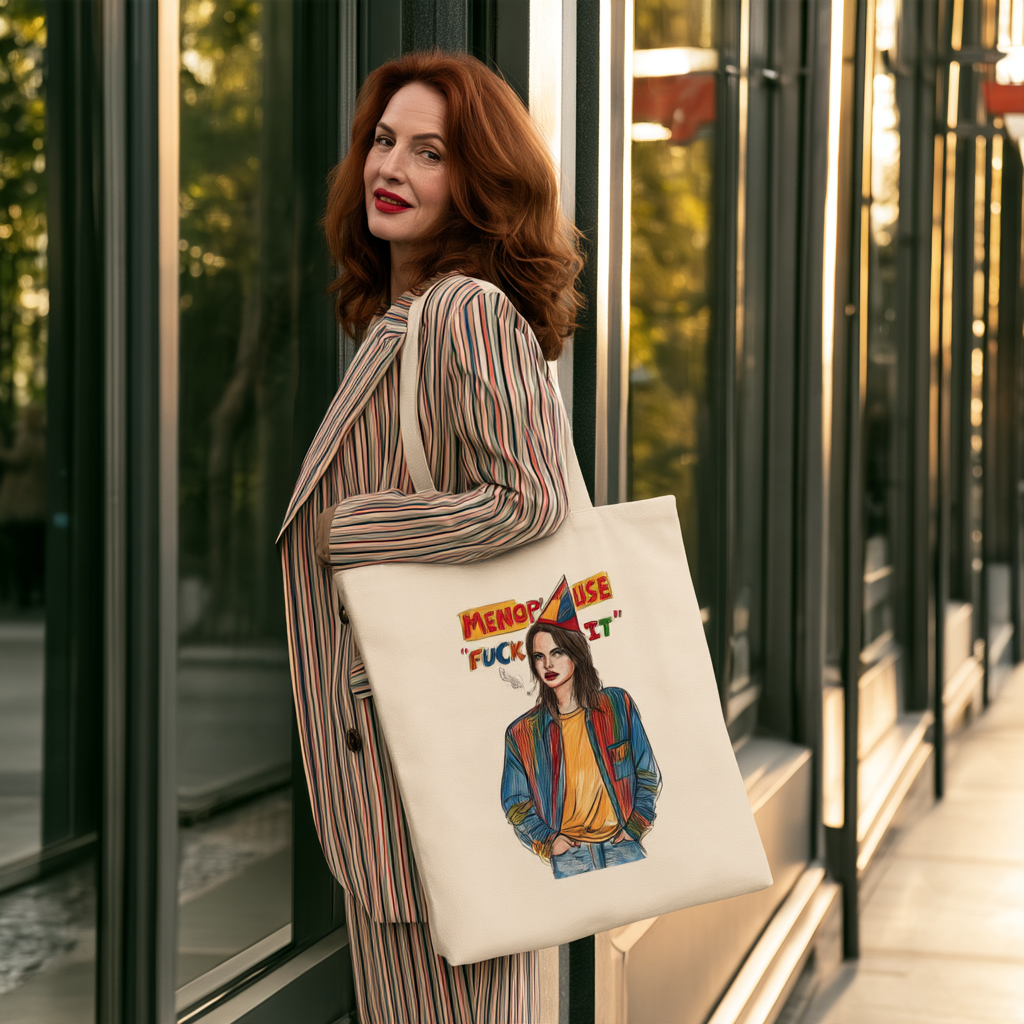 Menopause 'F--k It' Retro Portrait Canvas Tote Bag — Funny Feminine Empowerment Market Bag