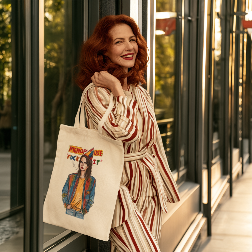 Menopause 'F--k It' Retro Portrait Canvas Tote Bag — Funny Feminine Empowerment Market Bag