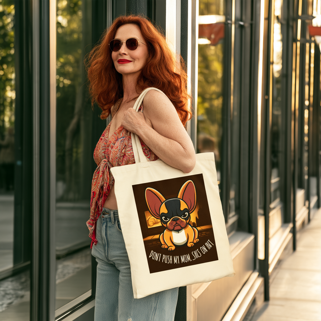 Don't Push My Mum, She's On HRT French Bulldog Canvas Tote Bag — Funny Dog Lover Gift