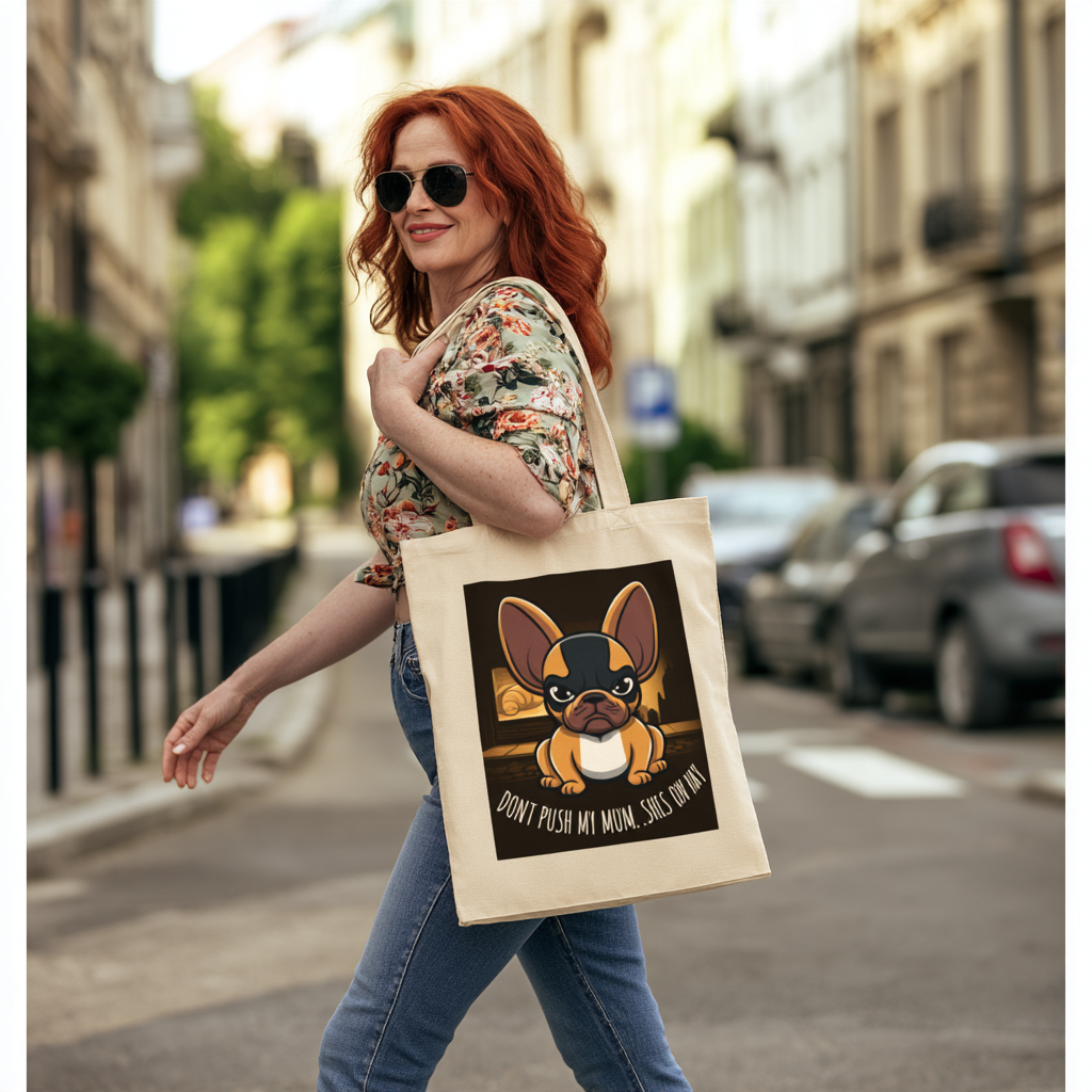 Don't Push My Mum, She's On HRT French Bulldog Canvas Tote Bag — Funny Dog Lover Gift