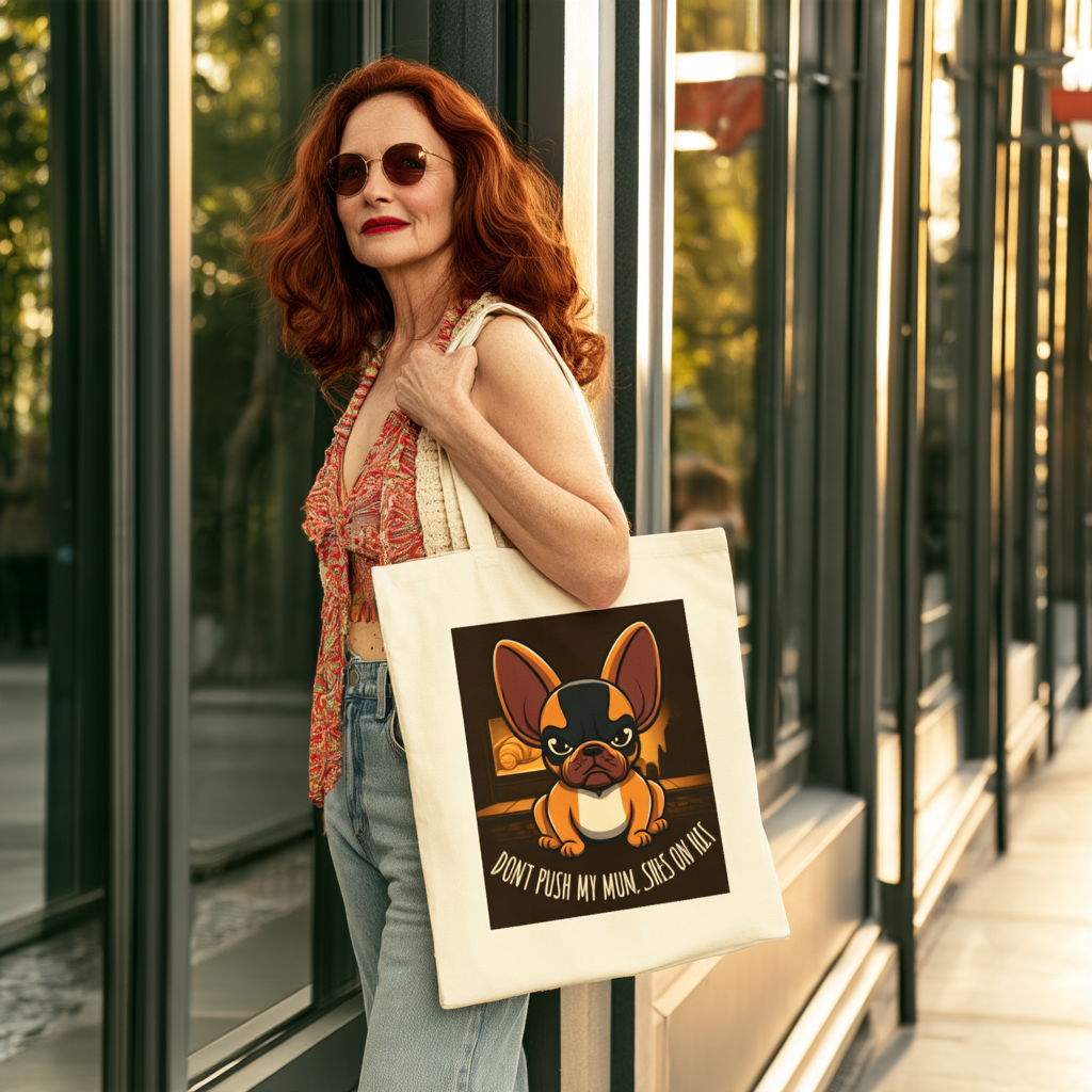 Don't Push My Mum, She's On HRT French Bulldog Canvas Tote Bag — Funny Dog Lover Gift