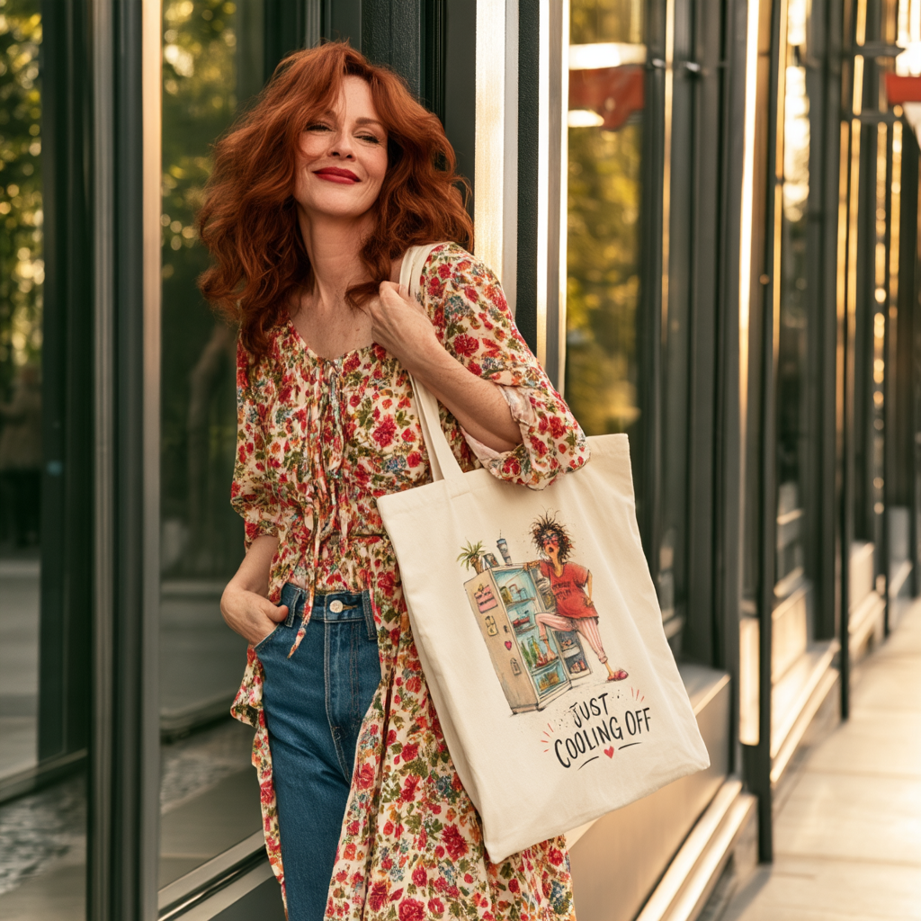 Just Cooling Off Fridge Canvas Tote Bag — Funny Summer Menopause Gift
