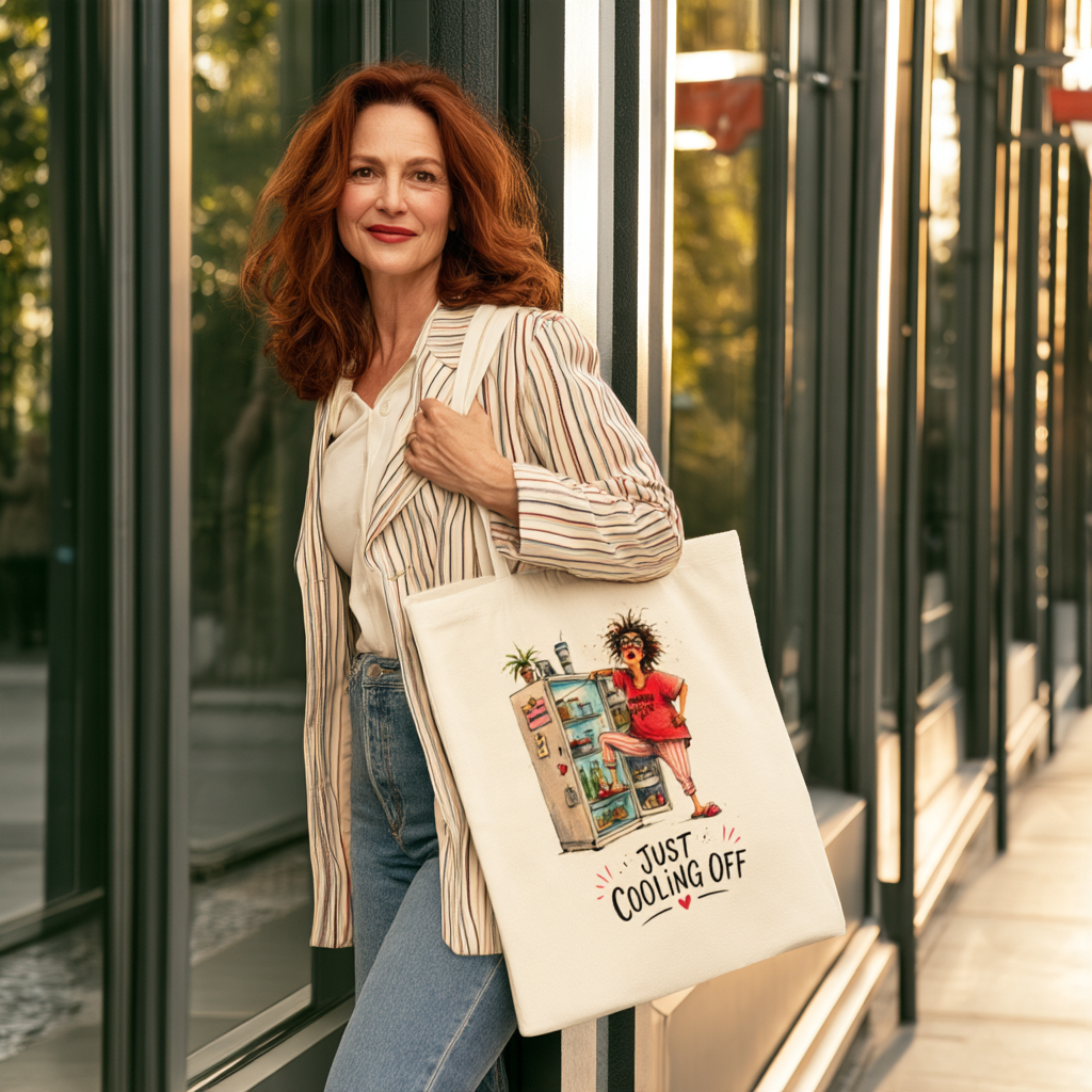 Just Cooling Off Fridge Canvas Tote Bag — Funny Summer Menopause Gift