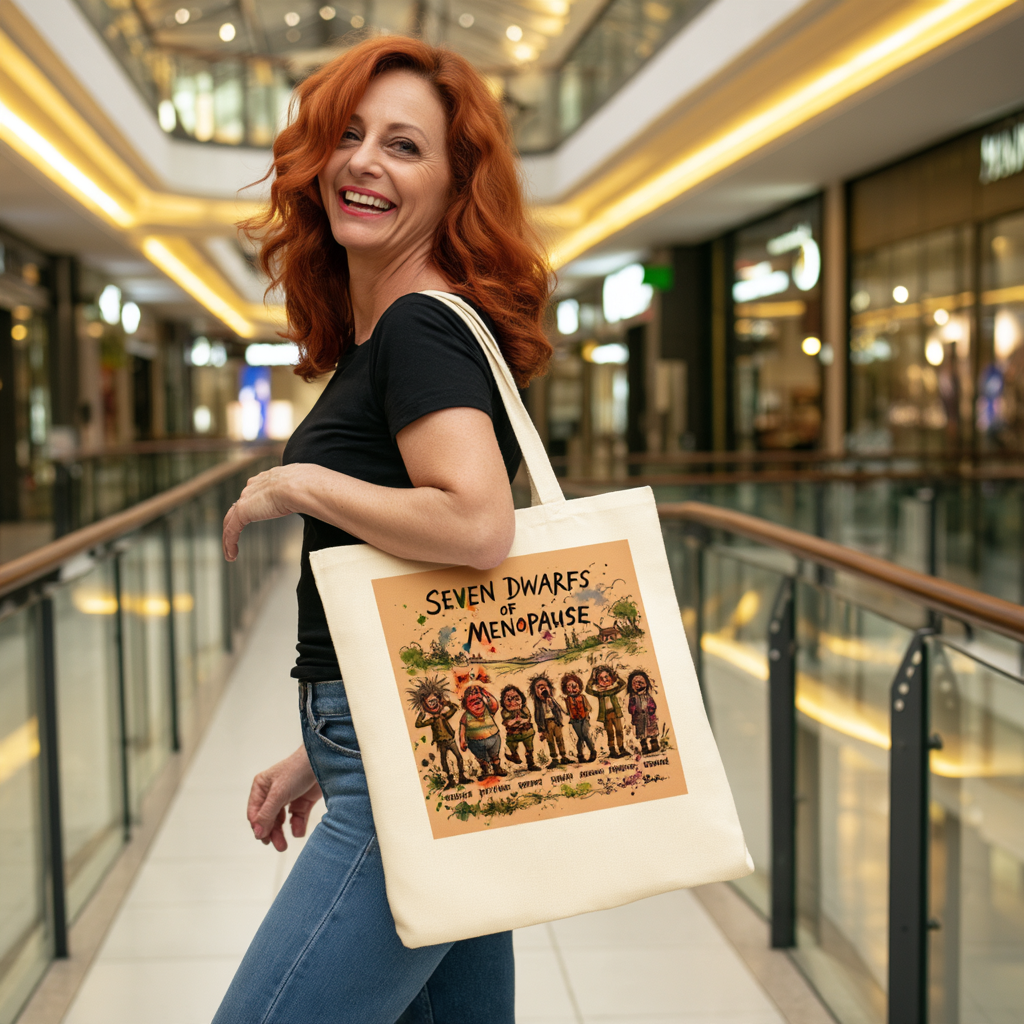 Seven Dwarfs of Menopause Canvas Tote Bag — Funny Illustrated Gift for Moms & Women