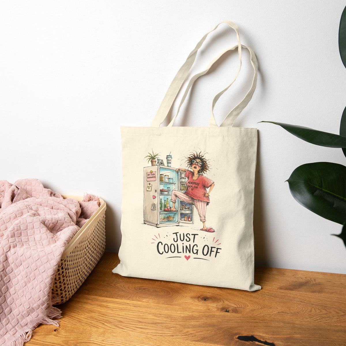 Just Cooling Off Fridge Canvas Tote Bag — Funny Summer Menopause Gift