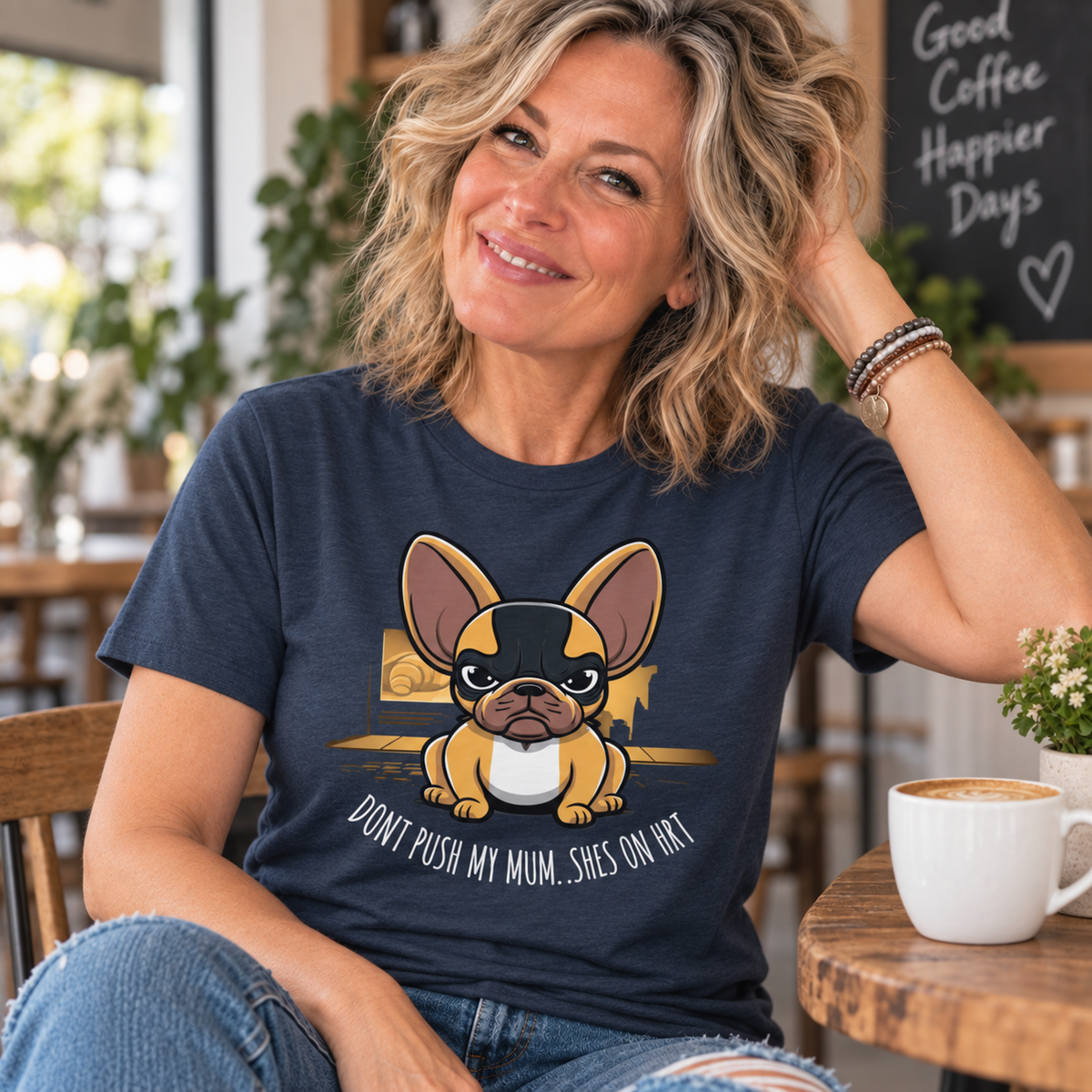 Blonde woman in her 50s wearing the Don't Push My Mum, She's On HRT Tee