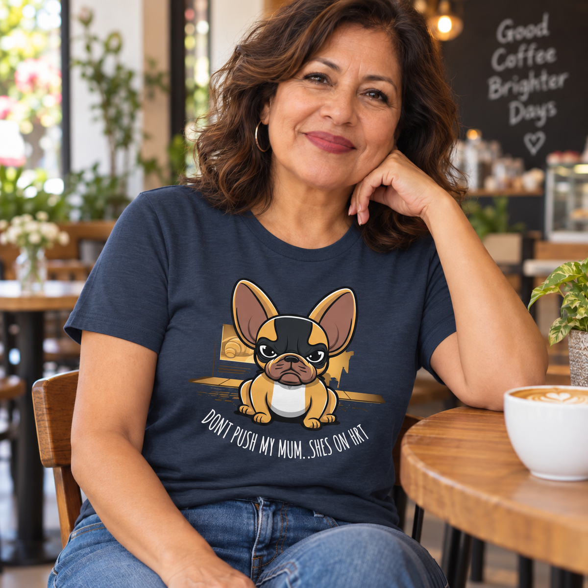 Latin American woman in her 50s wearing the Don't Push My Mum, She's On HRT Tee