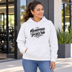 Latina woman in her 50s wearing the embroidered Menopause Social Club white hoodie, front view