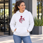 Latina woman in her 50s wearing the embroidered MSC motif white hoodie, front view