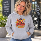 Blonde woman in her 50s modelling the Hot Flashes My Superpower Is Activated DTF hoodie