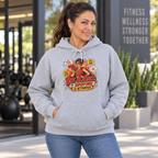Latina woman in her 50s modelling the Hot Flashes My Superpower Is Activated DTF hoodie