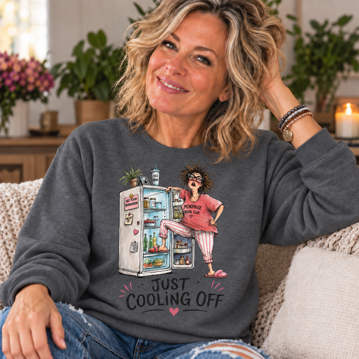 Dark Heather — blonde woman in her 50s wearing Just Cooling Off sweatshirt