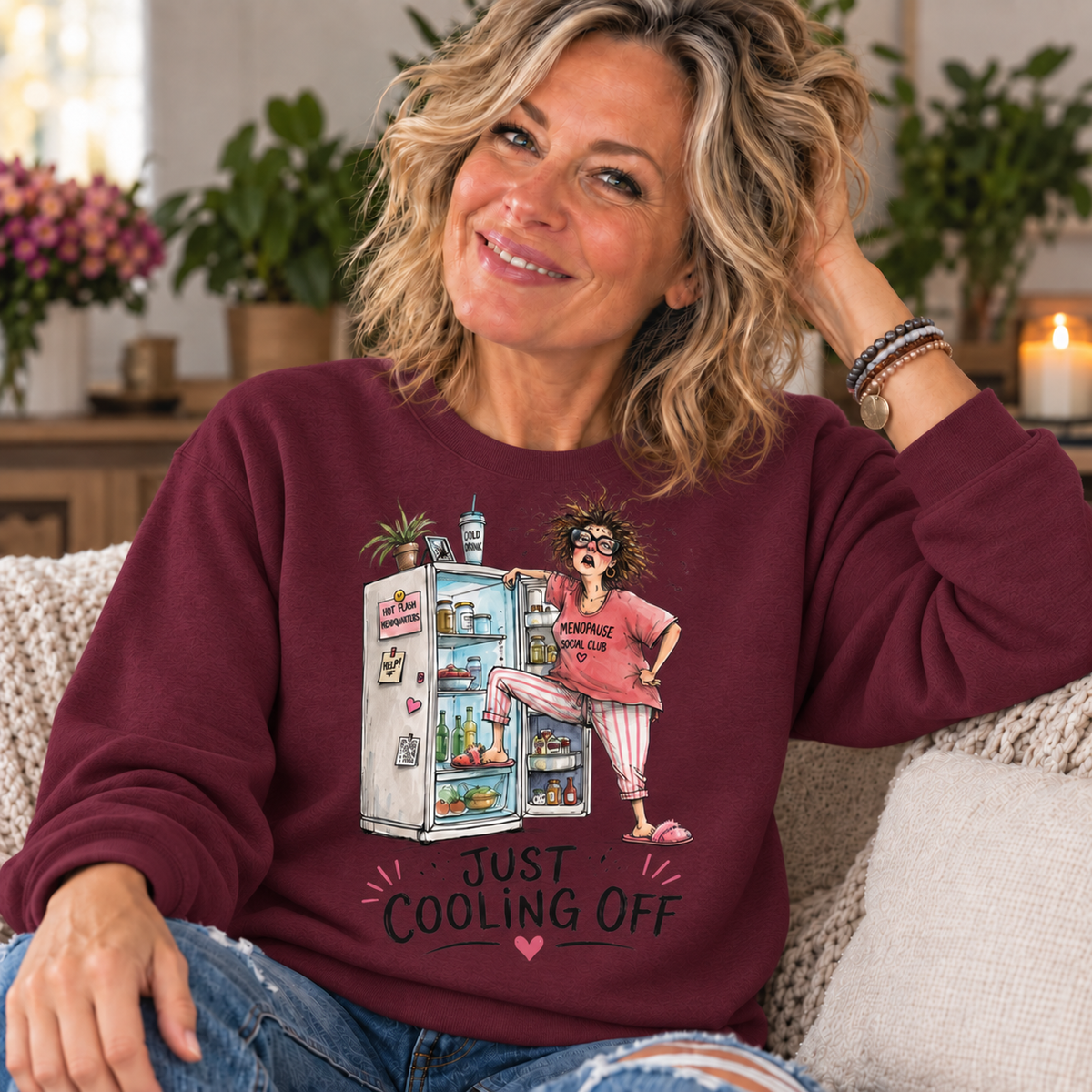 Maroon — blonde woman in her 50s wearing Just Cooling Off sweatshirt