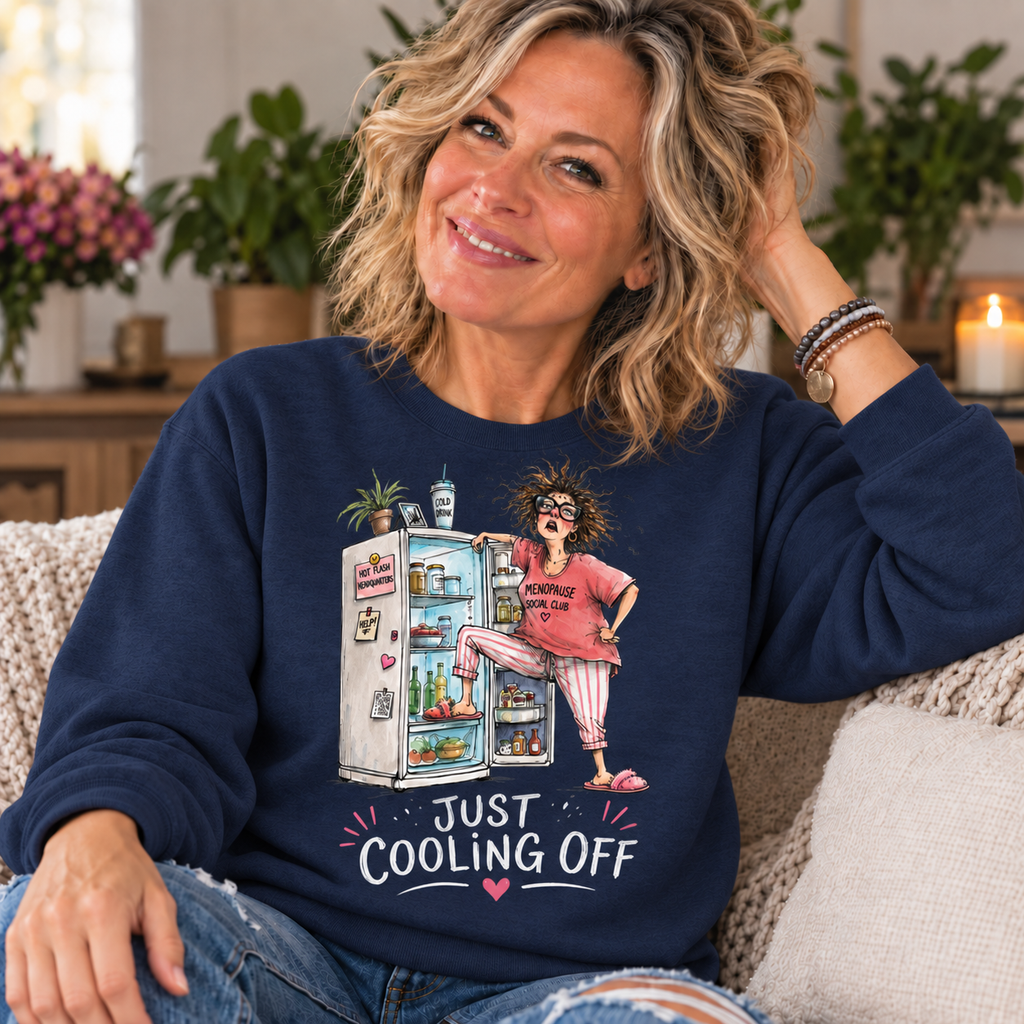 Navy — blonde woman in her 50s wearing Just Cooling Off sweatshirt