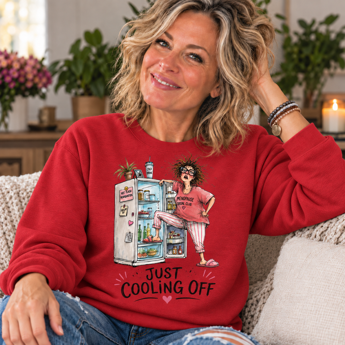 Red — blonde woman in her 50s wearing Just Cooling Off sweatshirt
