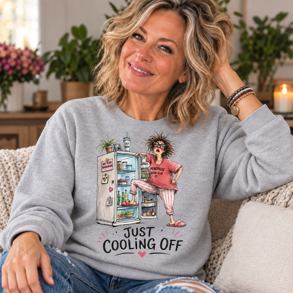 Sport Grey — blonde woman in her 50s wearing Just Cooling Off sweatshirt