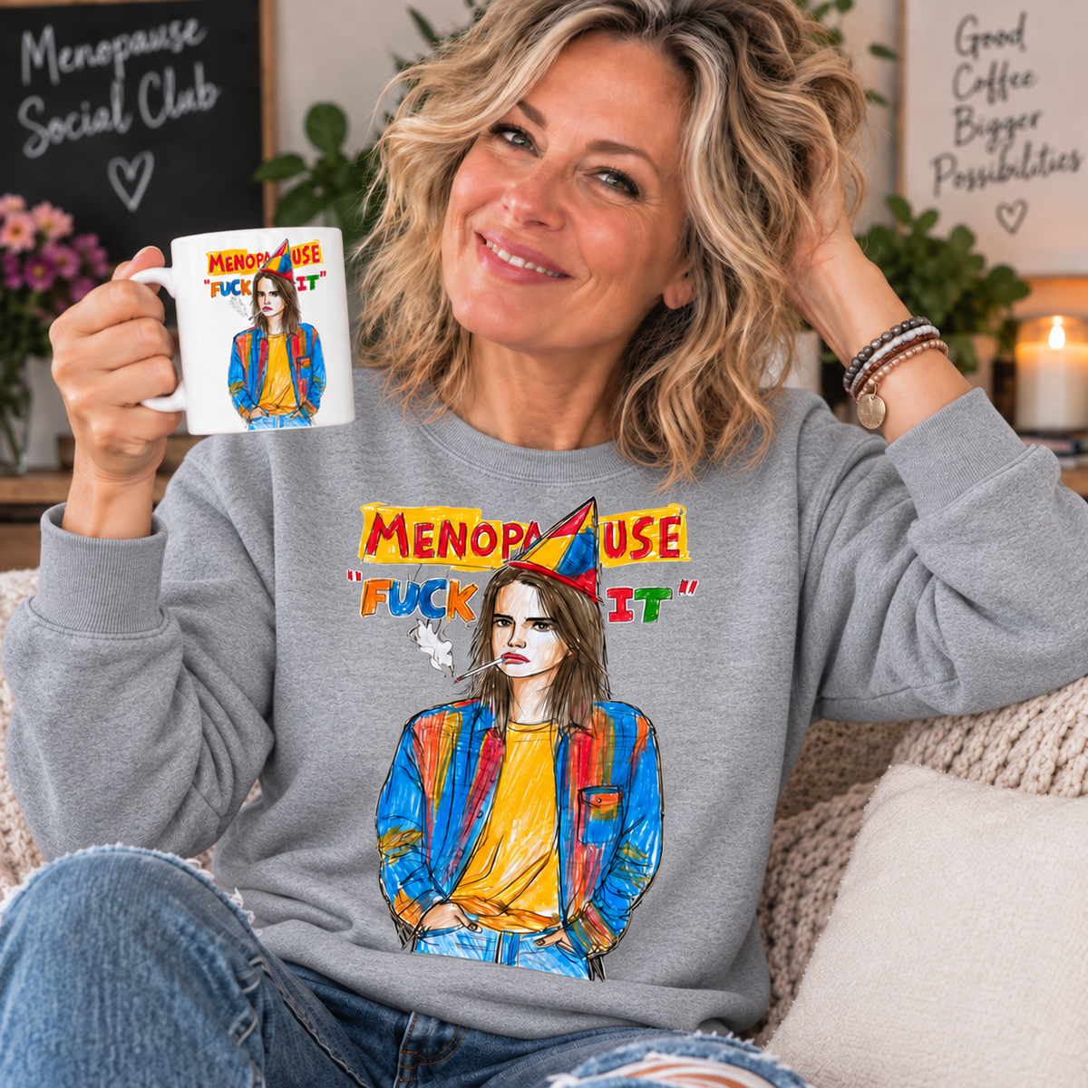 Sport Grey — blonde woman in her 50s wearing Menopause Fuck It sweatshirt