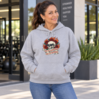 Latina woman in her 50s modelling the Out of Estrogen Out of Patience DTF hoodie