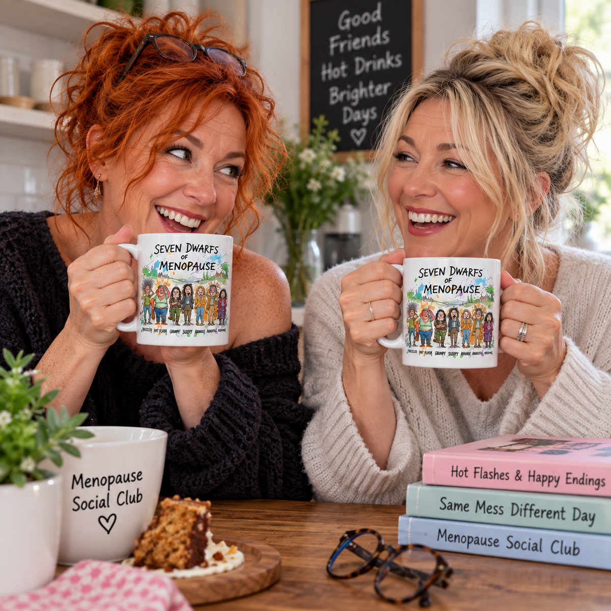 Two women holding Seven Dwarfs of Menopause mugs in a bright kitchen