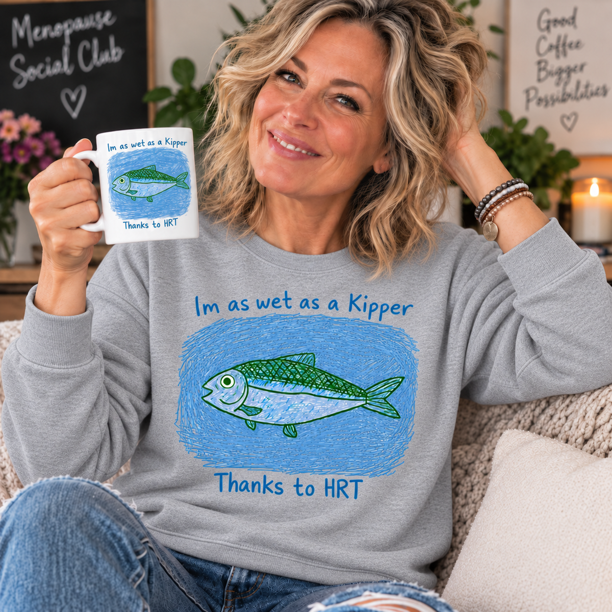 Sport Grey — blonde woman in her 50s wearing Wet as a Kipper sweatshirt