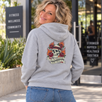 Blonde woman in her 50s modelling the Yes I'm Sweating Deal With It DTF back-print hoodie